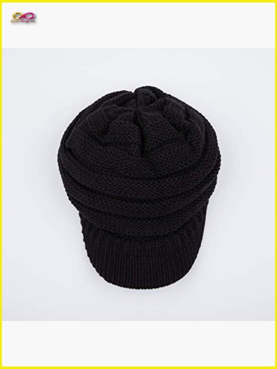 Ribbed Knit Hat with Brim Messy Bun Beanie Winter Warm Snowboarding main image 5